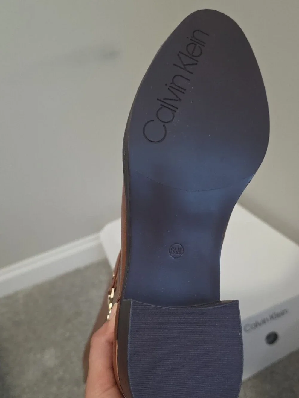 Calvin Klein Cognac -Knee -Leather Boots with Gold CK Accent